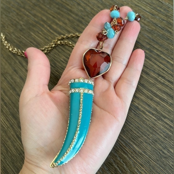 Boho enamel pendant chain necklace, turquoise&brown fashion statement,faux - Picture 5 of 9